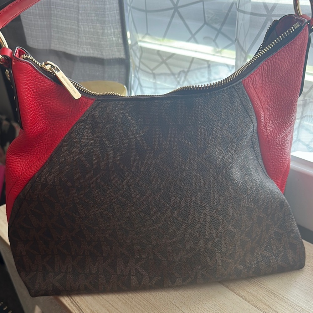 Michael Kors Red and Brown Hobo Bag with Signature Monogram - Picture 3 of 4